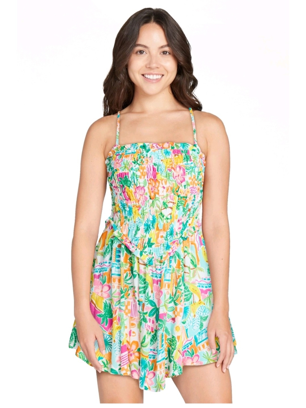 No Boundaries Floral Smocked Strap Romper in Green, Pink, Yellow